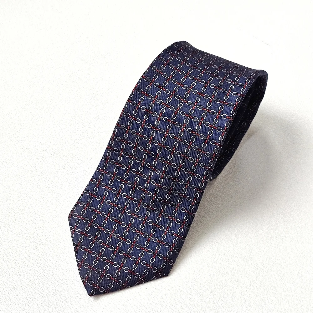 Vintage Hardy Amies London Silk Tie Navy Red Geometric Chain Pattern Luxury